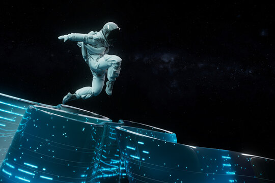 3D astronaut jumping in space over tech surface
