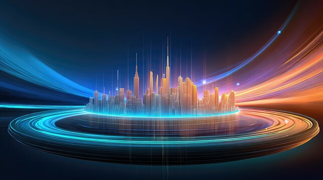 A stylized, glowing cityscape with tall buildings and abstract light trails in blue and orange, suggesting speed and technology. - Powered by Adobe
