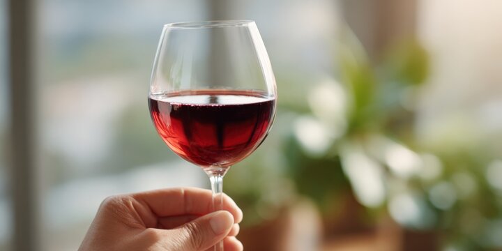 Close-up of glass of red wine held by caucasian female hand indoors