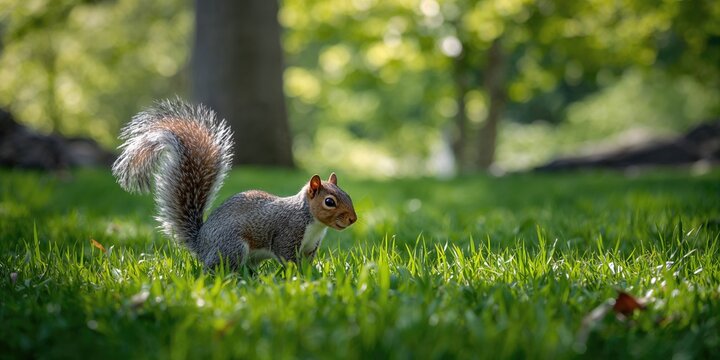 Eastern gray squirrel standing on grass, emphasizing natural wildlife behavior