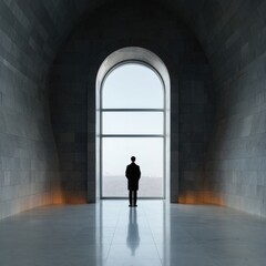 Fototapeta premium Solitary reflection: male silhouette in grand archway