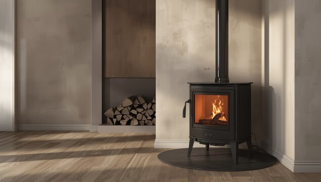 Modern living room with a cozy wood burner stove, emphasizing warmth and relaxation design