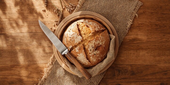 Top view of sliced bread arranged in a wooden basket on a sack and board, emphasizing bread preservation and storage techniques