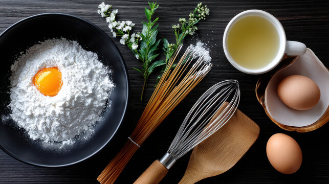 Baking essentials flat lay on black wooden Menu background with baking ingredients black wooden surface — flour, egg, 
 whisk and fresh herbs. Top view with copy space. 