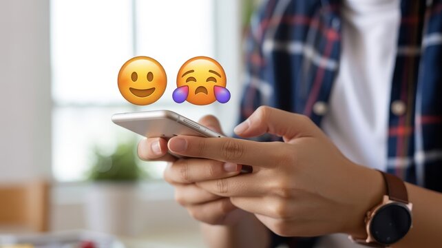 Person using a smartphone with happy and sad emojis on the screen