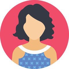 Stylized illustration of a woman with dark wavy hair wearing a blue patterned dress against a coral pink circular background the image has a transparent background indicating a digital graphic design