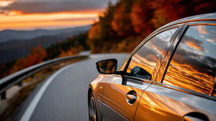 Sunset road trip on a curved mountain highway with golden hour light and a car side mirror reflection.
