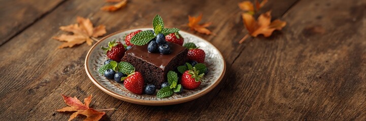 Chocolate brownie topped with berries and mint leaves, emphasizing dessert presentation