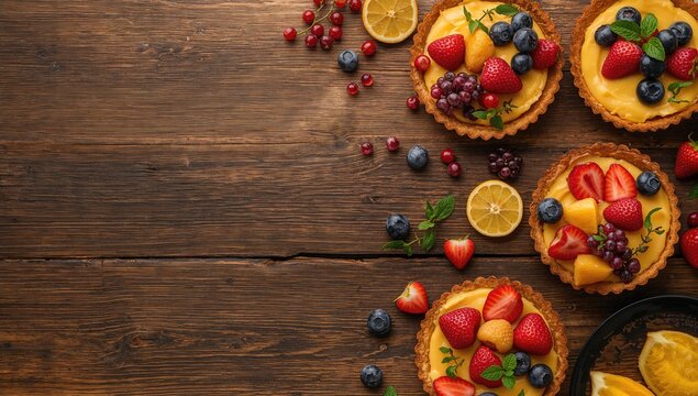 Summer French desserts featuring lemon custard tarts topped with mixed berries and mint on a wooden table, ideal for a summer recipe blog - Powered by Adobe