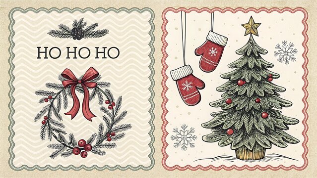 Hand drawn christmas card vector set tree wreath mittens