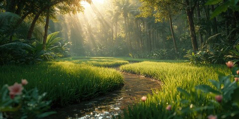 Tropical forest scene with small ditches, sunlight filtering through lush grass, emphasizing natural landscape features