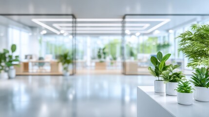 Modern abstract office workspace with blurry background indoor plants and natural light glass walls high-quality design in a commercial building