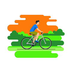 Naklejka premium Man riding a bicycle through a vibrant green landscape under an orange sky, enjoying outdoor activity and exercise