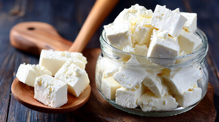 Feta cheese cubes in a jar with wooden spoon - culinary ingredient and rustic food presentation for cooking, recipes, and kitchen decor