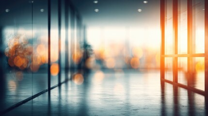 Modern abstract office workspace design with blurry glass walls and natural light indoor commercial background high quality interior with plants