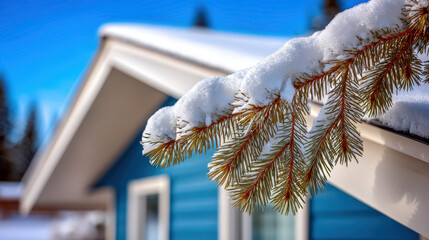 Snow-heavy tree branch on suburban roof in winter setting for seasonal home safety awareness