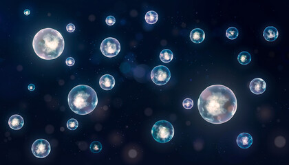 Cosmic bubbles float in a dark, starry expanse with soft light.