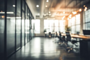 Modern abstract workspace design in indoor office environment with blurry glass walls natural light and high-quality furniture for business and commercial concepts