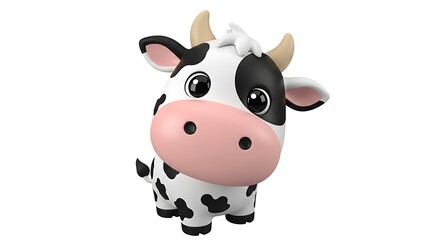 A cute cartoon cow with black and white spots and a pink snout stands on a white background.