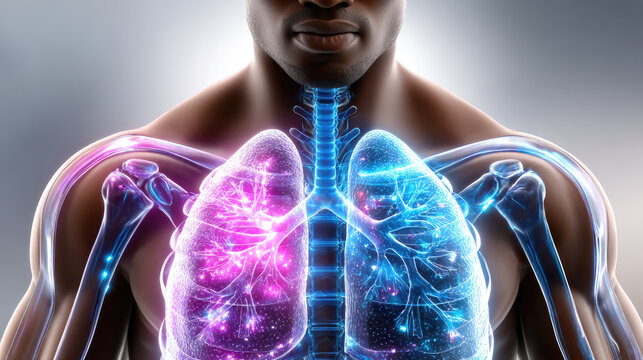 human lungs silhouette with glowing effect, lung pain and disease concept, medical illustration with space for text, healthcare and respiratory treatment