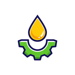 Oil drop above a green gear icon representing lubrication, maintenance, engine service, and industrial machinery