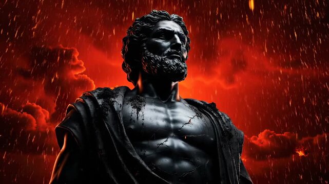Greek statue stands with fire sparks falling around ancient god. Warrior sculpture amid flames and smoke. Greek god statue with fire storm. Ancient warrior stands in apocalyptic fire with sparks.