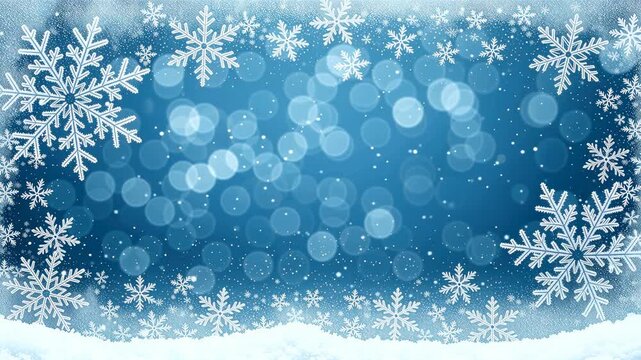 Blue Christmas background with white snowflakes and bokeh lights. Winter holiday frame with falling snow and copy space for text. Festive New Year celebration concept