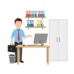 Professional businessman in blue shirt and red tie stands in office, holding briefcase, isolated on