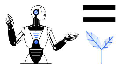 Humanoid robot gesturing near an equal sign and a leaf. Ideal for artificial intelligence, environment, ethics in tech, sustainability, innovation, eco-technology, balance themes. Simple flat