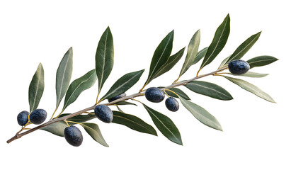 An olive branch with green leaves and ripe olives isolated on a plain transparent background for design use