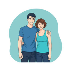 Fototapeta premium Happy young couple standing together, looking at the camera with warm smiles, showing affection and connection