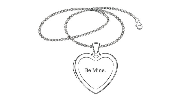 Elegant heart shaped locket necklace with be mine inscription on a white background