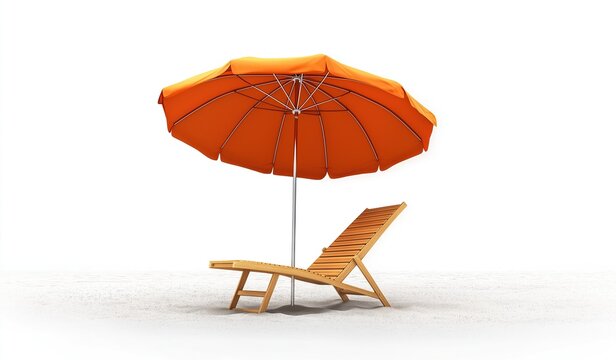 An orange beach umbrella and a wooden lounge chair isolated on a sandy beach background for summer and vacation concepts