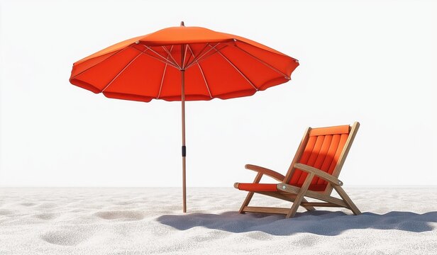 An orange beach umbrella and wooden lounge chair on a sandy beach background representing summer vacation and leisure time - Powered by Adobe