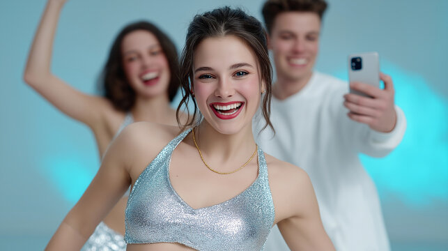 Excited young woman in sparkly top smiling and looking at camera while friends join in taking a selfie at a festive party celebrating connection and happiness - Powered by Adobe