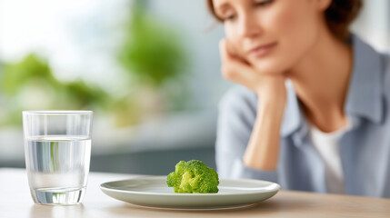 Sad woman struggling with restrictive diet and eating disorder, contemplating a small portion of broccoli, feeling hunger, weight loss pressure, and mental health issues related to food with copy spac