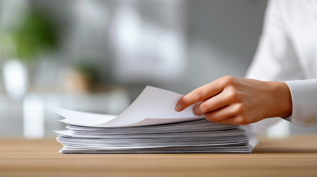 Person's hand searching, reviewing, and flipping through a stack of important business documents, paperwork, and white sheets of paper on a wooden desk in an office with copy space
