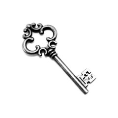 Halftone illustration of an ornate vintage key with decorative filigree. Monochrome symbol for mystery themes, security concepts, treasure design, fantasy projects, and elegant graphic work.