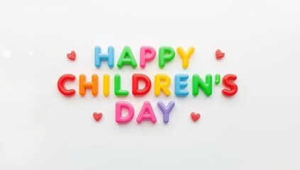 Children's Day celebration with colorful plastic toy letters and small heart-shaped candies on white background, festive theme