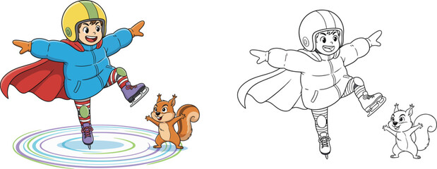 Kid Ice Skating with a Mischievous Squirrel Mimicking Their Moves