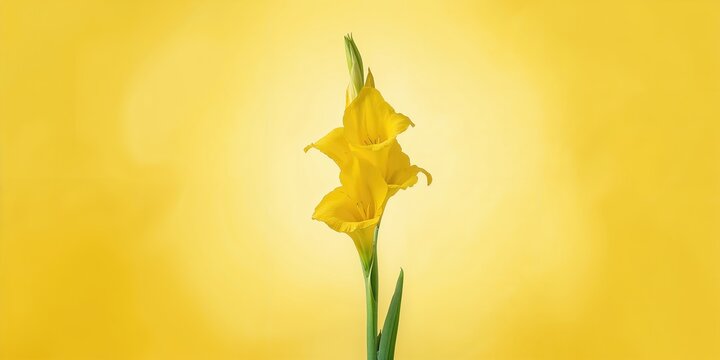 Yellow gladiolus with detailed petals and stem on a vibrant background, suitable for floral design or botanical study
