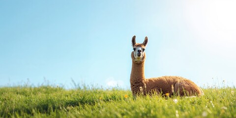 Naklejka premium Llama resting outdoors on a sunny day, emphasizing animal relaxation and natural behavior