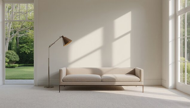 Living room with sofa and metal standing lamp, ideal for interior design background use