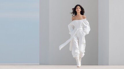 Trendy female / fashion model in abstract white space.