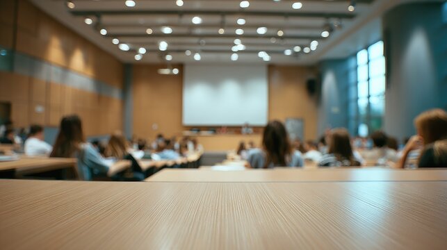 Blurred audience engaging in a conference presentation at a university lecture hall during a bright scientific event workshop