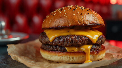 Hamburguesa doble con queso cheddar derretido en fondo rojo