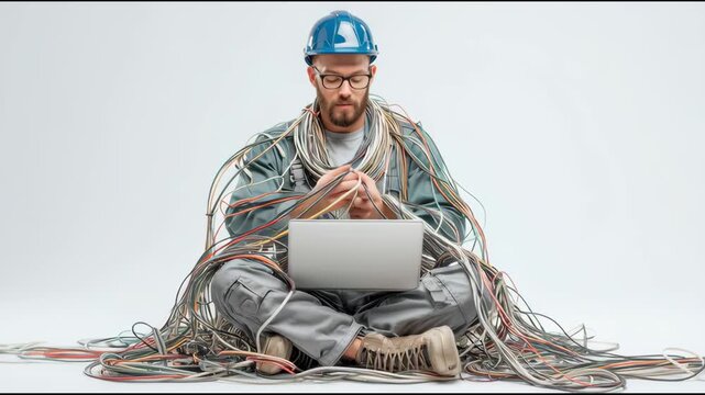 Realistic IT technician with network cables and laptop on white background, tech professional feel