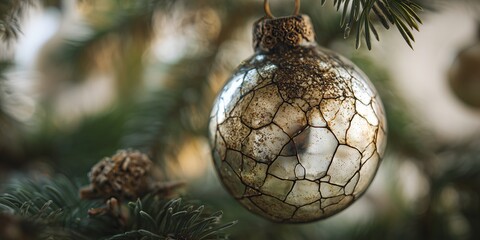 A detailed macro shot of a vintage mercury glass Christmas bauble hanging on a real fir branch