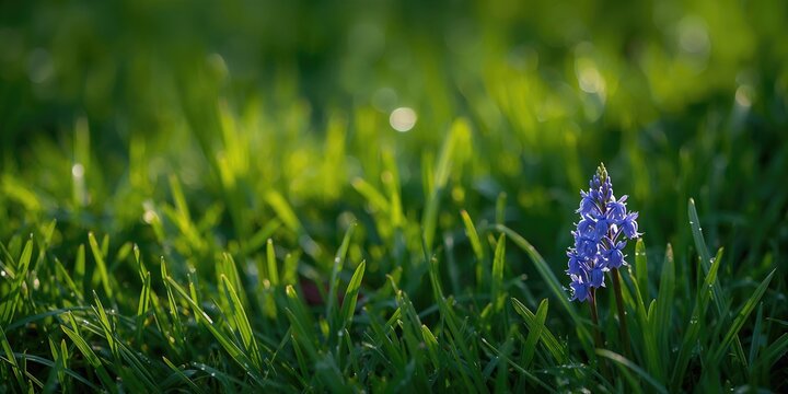 Solitary duck resting in grass on a light blue background, emphasizing natural habitat and wildlife observation - Powered by Adobe
