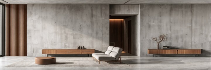 Modern living room interior featuring a concrete wall, suitable for layout and design planning